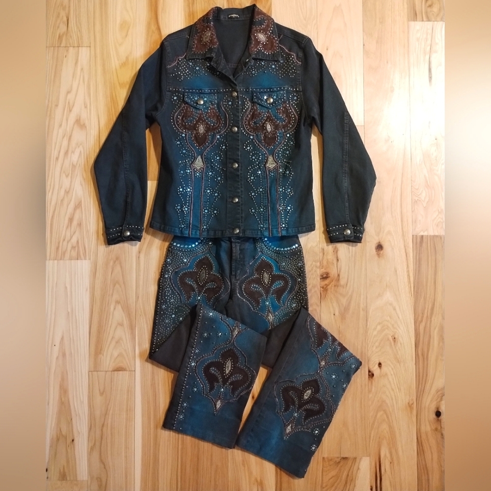 Studded Embroidered Blue Jean Jacket - Women